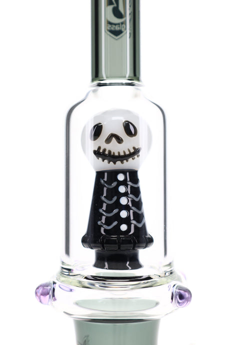 Close view of the white and black sculpted skull percolator inside the clear chamber of the 6B Glass bong