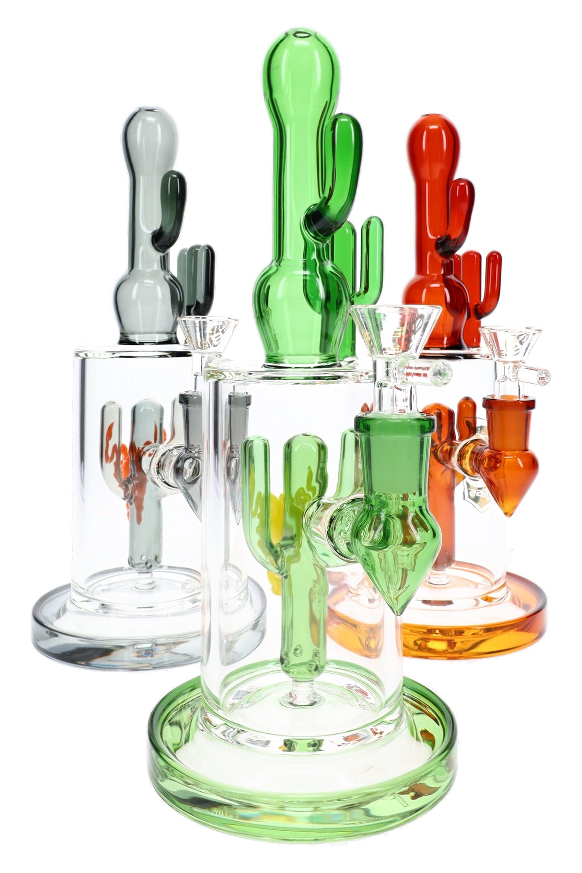 Three 6B Glass cactus perc bongs in green, gray, and orange glass with cactus necks on wide round bases