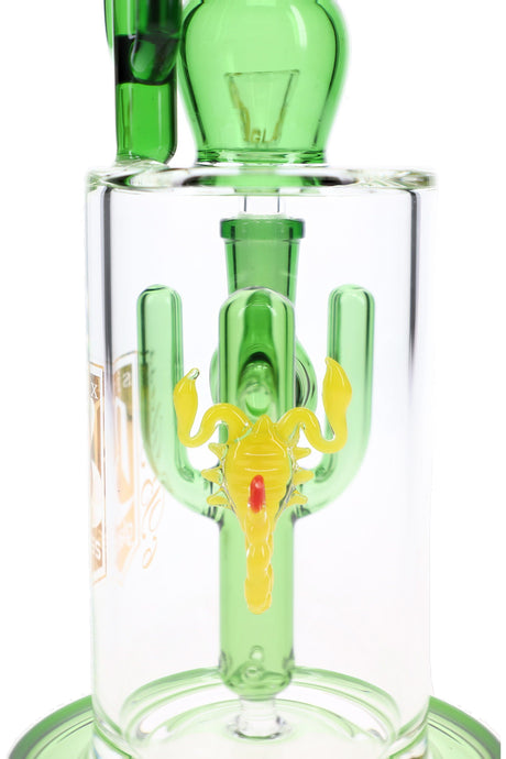 Close view of the cactus percolator with a yellow scorpion inside the clear chamber of the 6B Glass bong