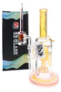 6B Glass color-changing fumed dab rig with an amber fumed neck, clear banger, and dab tool beside its box