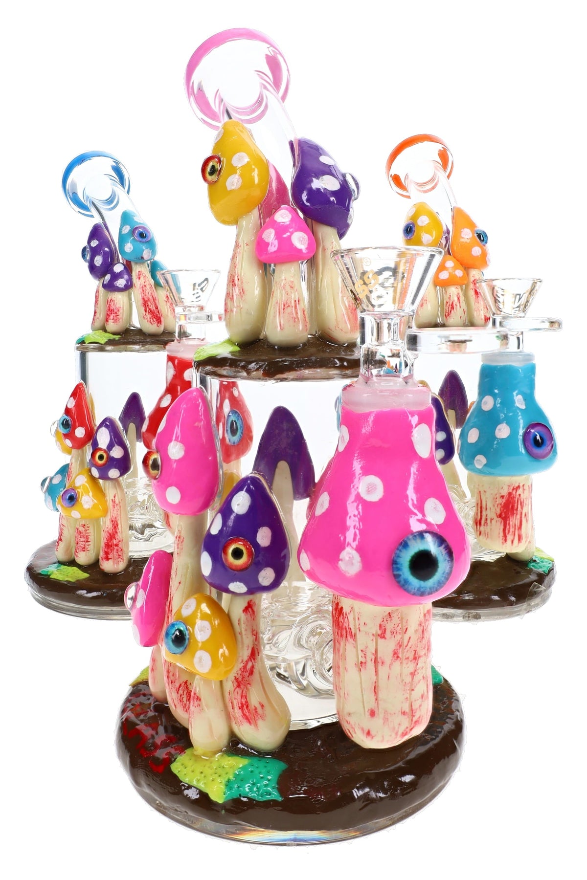 Three 6B Glass mushroom eyeball bongs showing pink, purple, and yellow mushroom caps with eyeball details