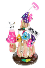 6B Glass mushroom eyeball showerhead perc bong with pink, purple, and blue spotted caps on a brown base