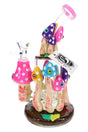 6B Glass mushroom eyeball showerhead perc bong with pink, purple, and blue spotted caps on a brown base