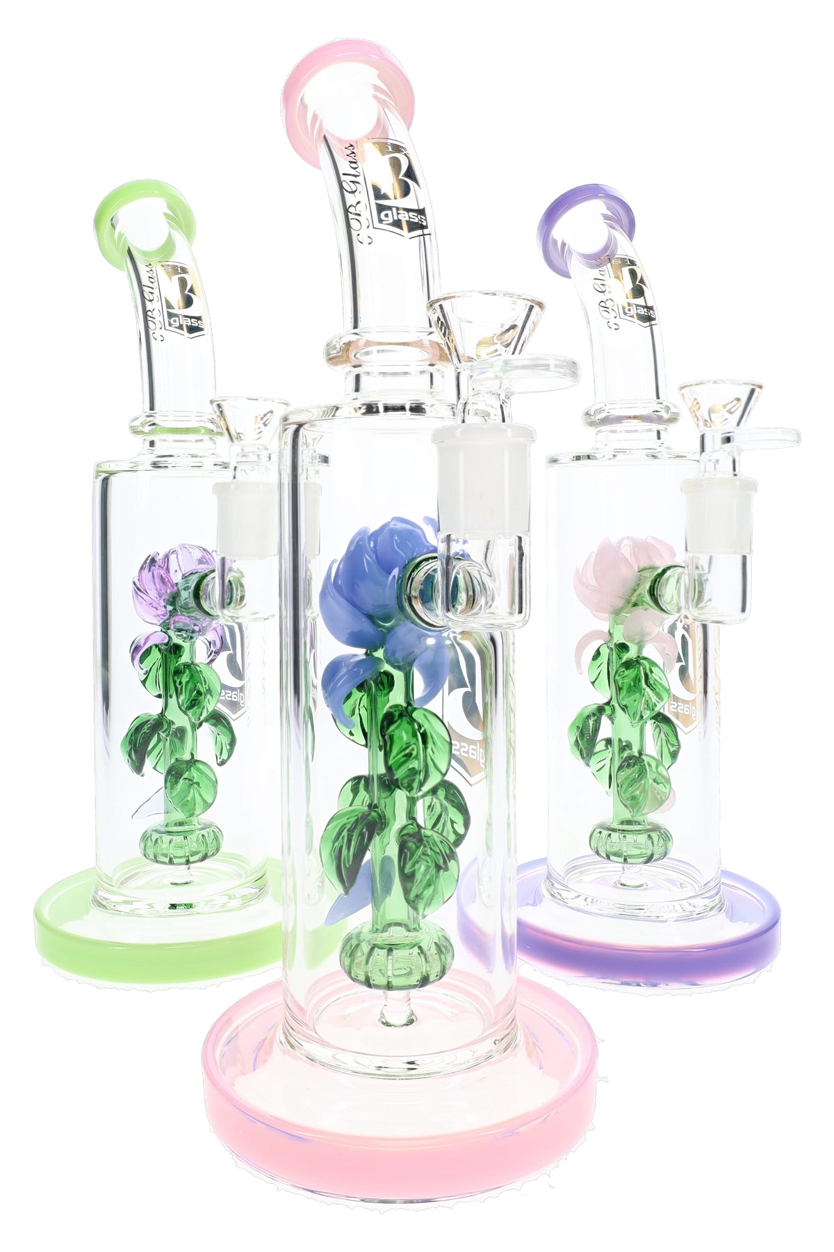 Three 6B Glass rose perc bongs with green, pink, and purple bases and glass roses inside clear chambers