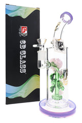 6B Glass rose showerhead perc bong with a purple base and mouthpiece and a glass rose inside, beside its box