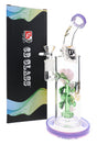 6B Glass rose showerhead perc bong with a purple base and mouthpiece and a glass rose inside, beside its box