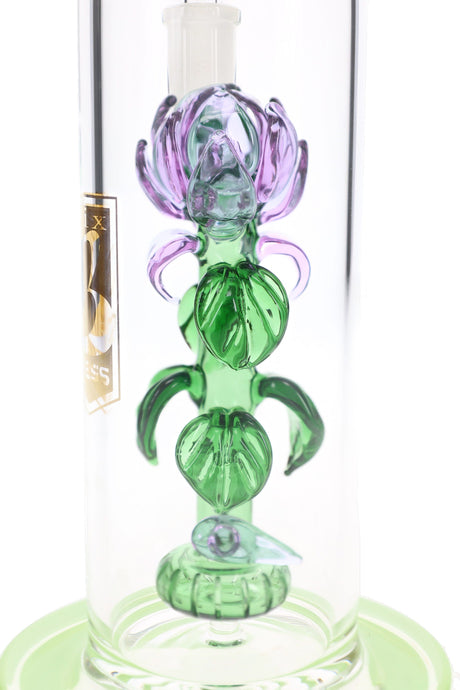 Close view of the sculpted glass rose with purple petals and green leaves inside the 6B Glass bong chamber