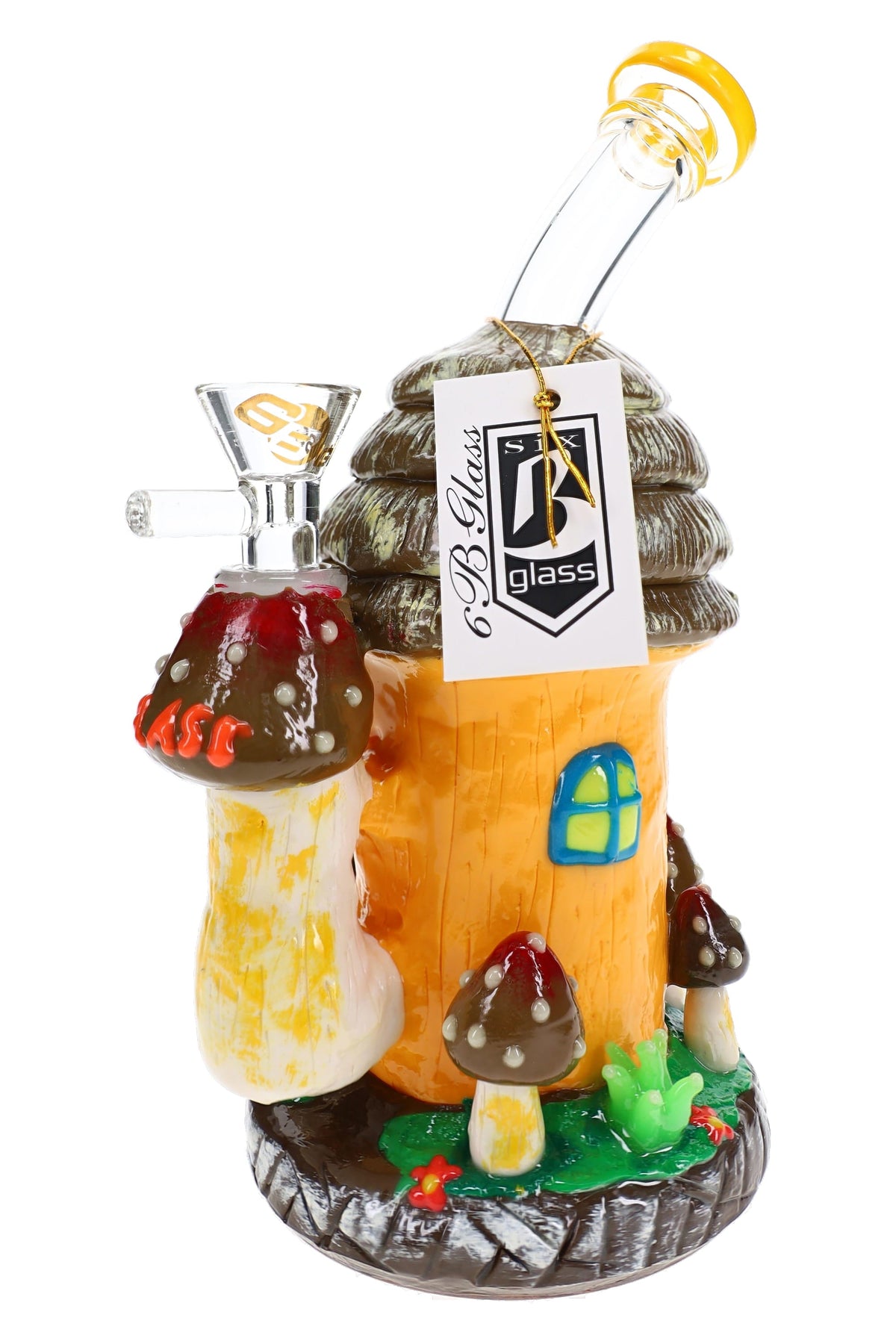 6B Glass mushroom hut bong with orange resin walls, a blue window, and a mushroom bowl holder beside its tag