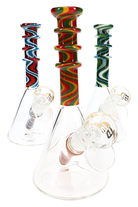 Three 6B Glass reverse beaker bongs with red, orange, and green swirl necks and raised glass rings