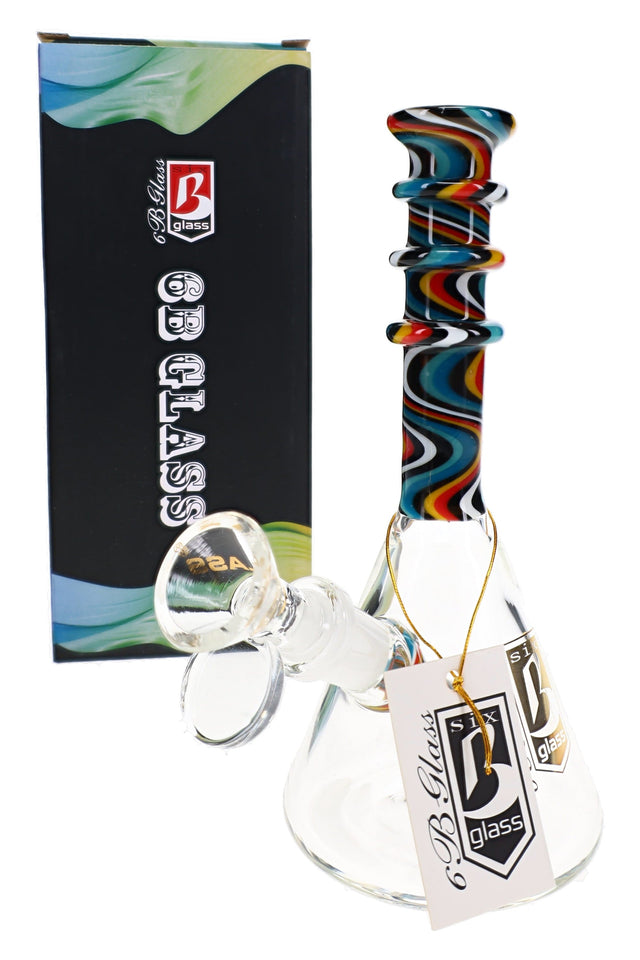 6B Glass swirl neck reverse beaker bong with a colorful swirl neck and clear chamber beside its retail box