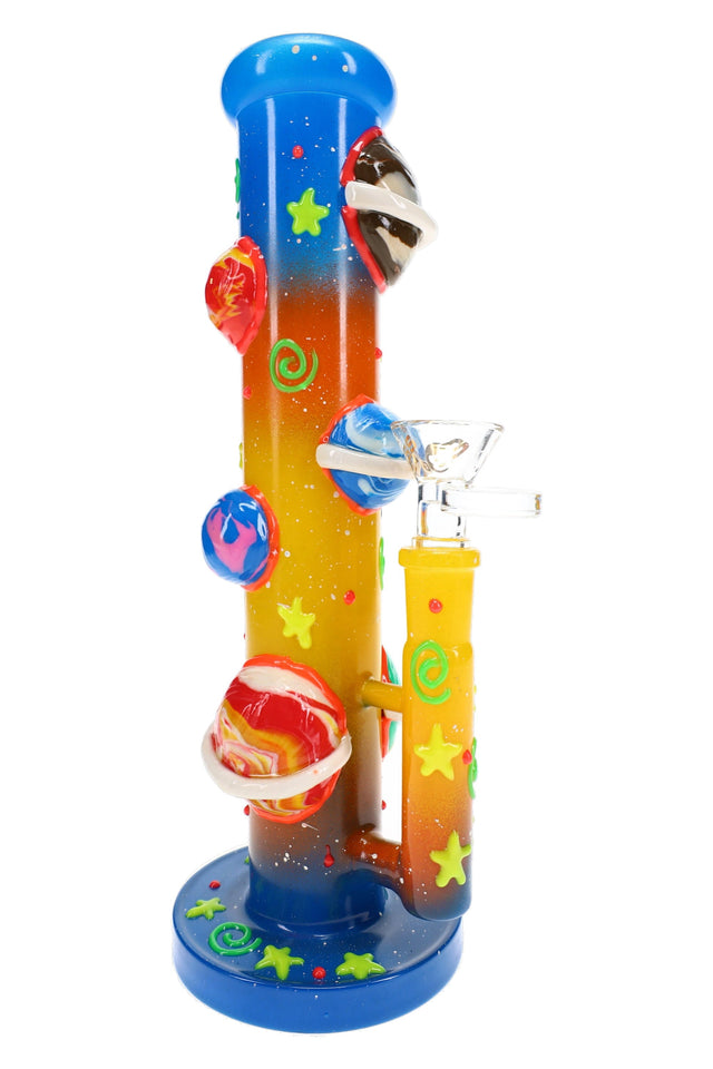6B Glass glow planet honeycomb perc bong in blue, orange, and yellow with raised glass planets, front view