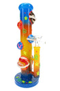 6B Glass glow planet honeycomb perc bong in blue, orange, and yellow with raised glass planets, front view
