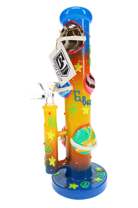 Back view of the 6B Glass glow planet bong showing raised planets, stars, and a side bowl on a round base
