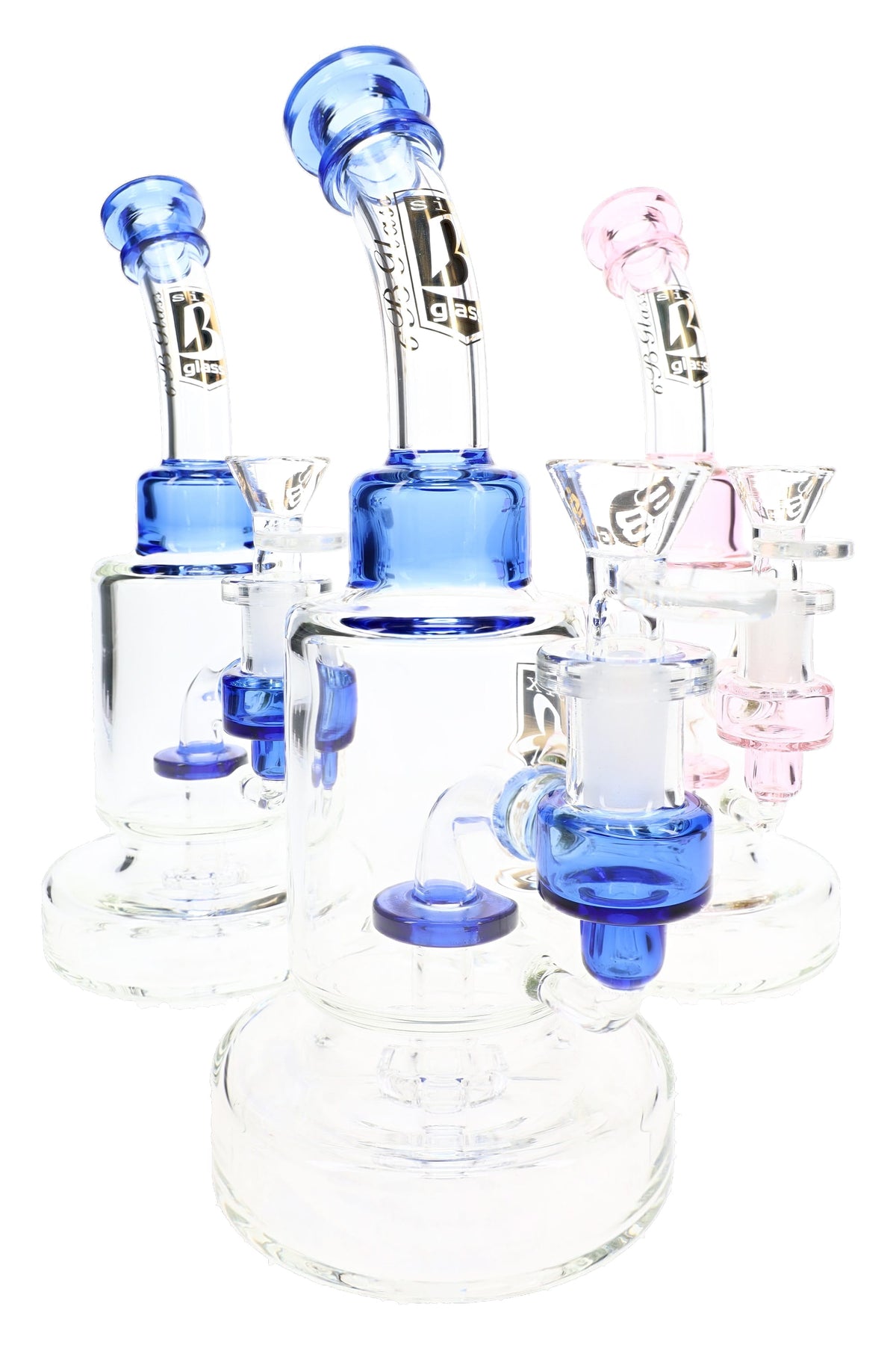 Three 6B Glass bent neck showerhead perc bongs with blue and pink glass accents on the neck and side joint