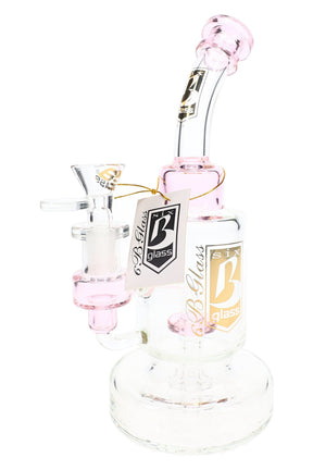 6B Glass bent neck showerhead perc bong with a pink curved neck and clear cylinder chamber on a round base