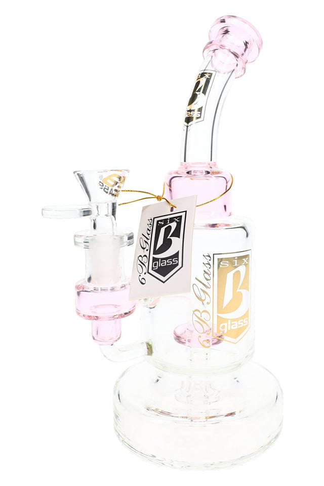 6B Glass bent neck showerhead perc bong with a pink curved neck and clear cylinder chamber on a round base