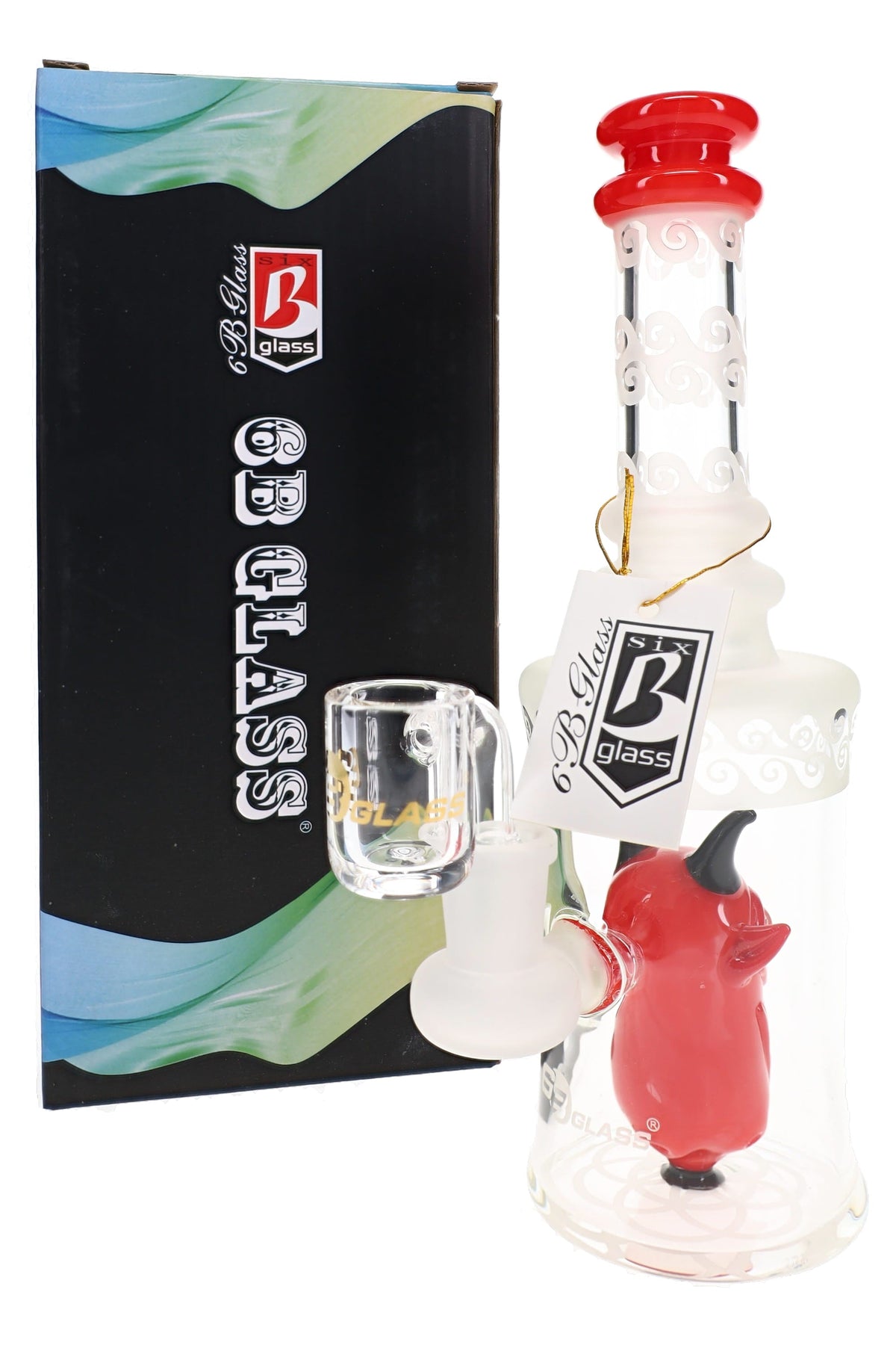 6B Glass frosted demon perc dab rig with a red mouthpiece and a horned demon percolator beside its box