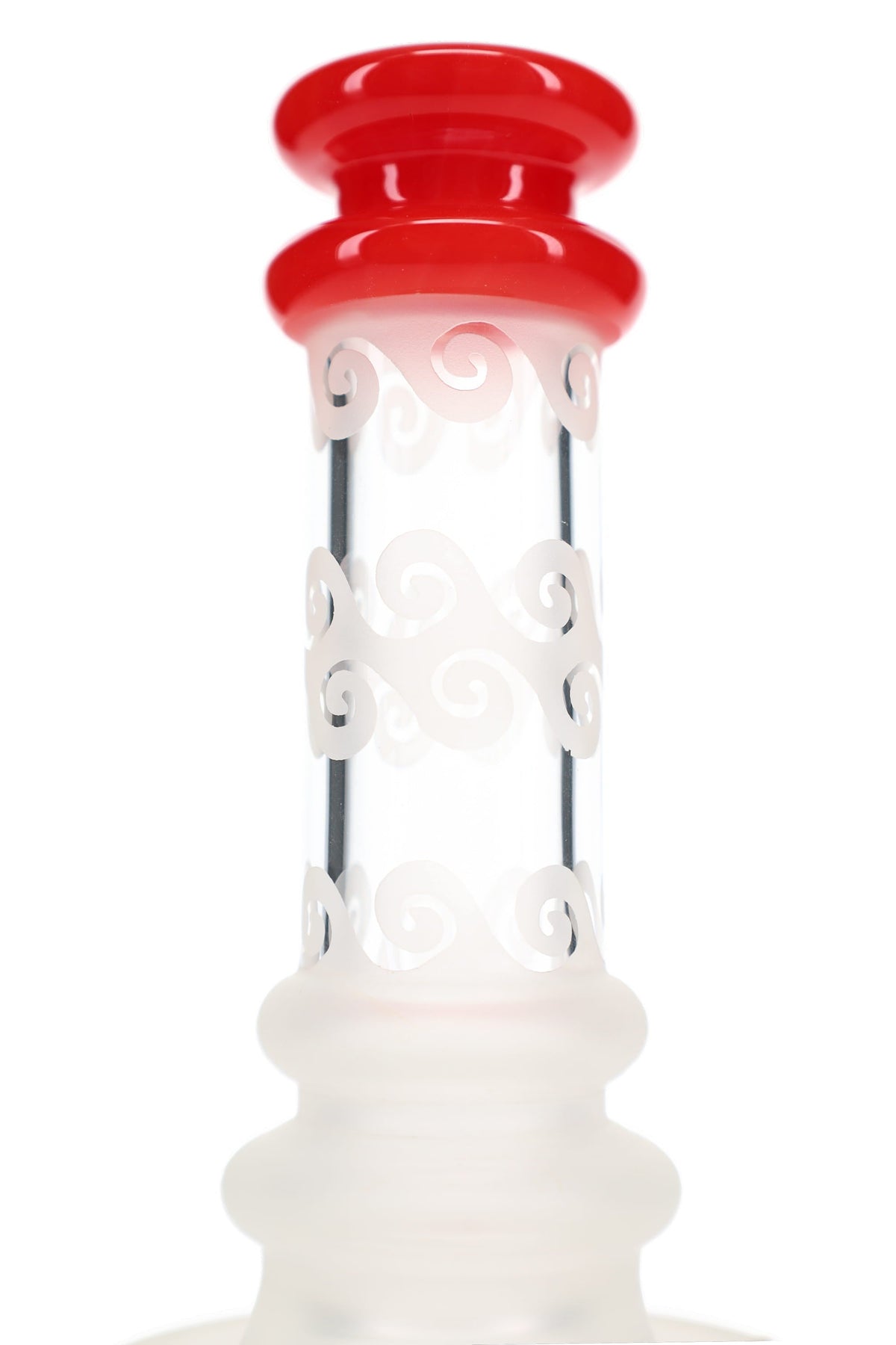 Frosted scroll neck and red mouthpiece rising above the clear chamber of the 6B Glass frosted demon perc dab rig