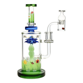 Pulsar Power of Flower Dab Rig Set in Blue with Carb Cap, 9" Tall, 14mm Female Joint, Borosilicate Glass, Front View