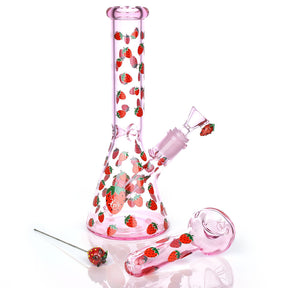 Pulsar Strawberry Cough Herb Pipe in pink with strawberry design, 10" tall, 14mm front view