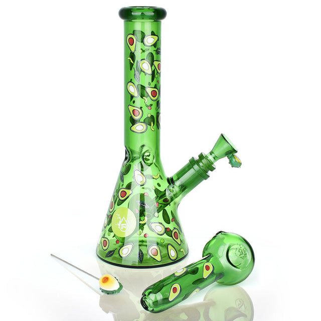 Pulsar Avocado Gold Herb Pipe in green with avocado design, 10" tall, 14mm F, side view on white background