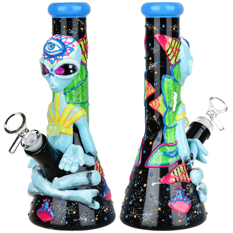 Pulsar Glow Beaker Water Pipe with Psychedelic Alien design, 9.5" tall, 14mm front and side view