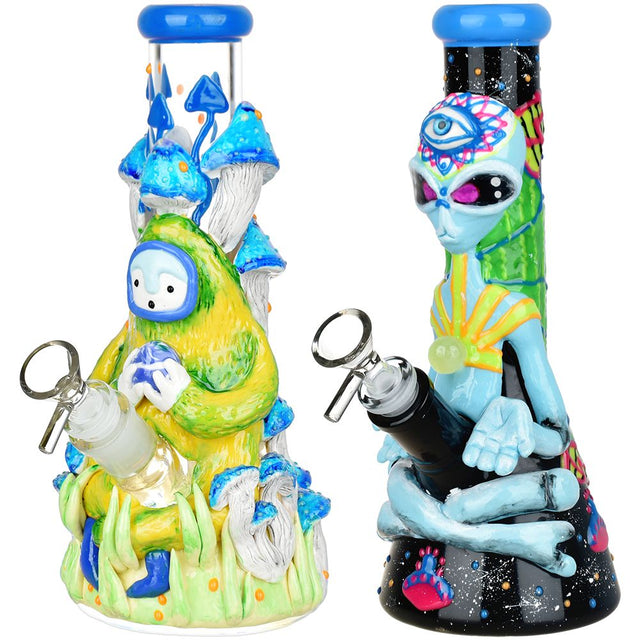 Pulsar Artist Series Glow Beaker Water Pipes, 9.5" with Colorful Alien Artwork