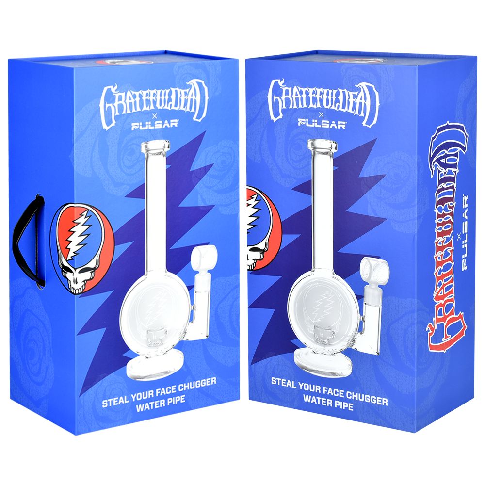 Pulsar Grateful Dead Glass Water Pipe with Showerhead Perc, Boxed Side View