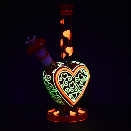 Pulsar Victorian Valentine's Glow Water Pipe with heart patterns glowing in dark, 10 inch, 14mm F