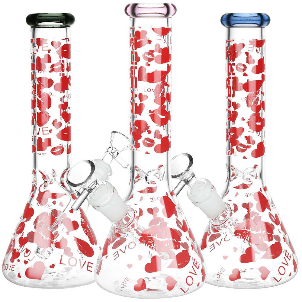 Pulsar Hearts and Kisses Glass Beaker Water Pipe - 9.75" / 14mm F / Colors Vary