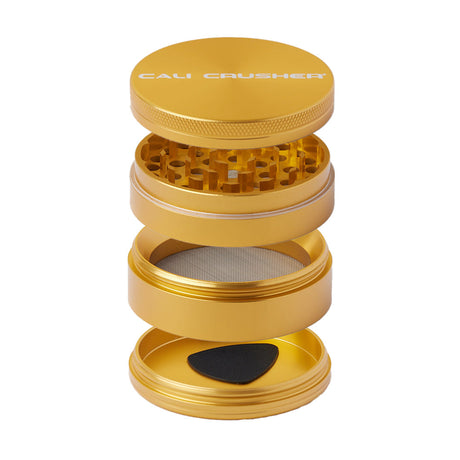Cali Crusher O.G. 2.5" Yellow 4 Piece Aluminum Grinder, Front View with Components Displayed