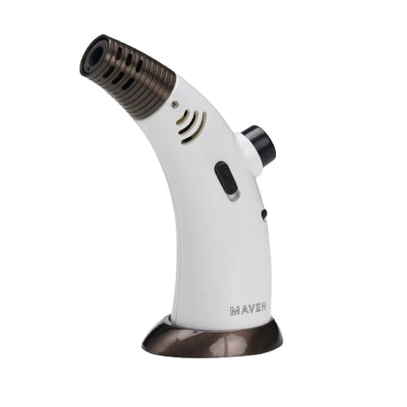 Maven Torch Firehorn white handheld butane torch with adjustable flame and safety lock, side view