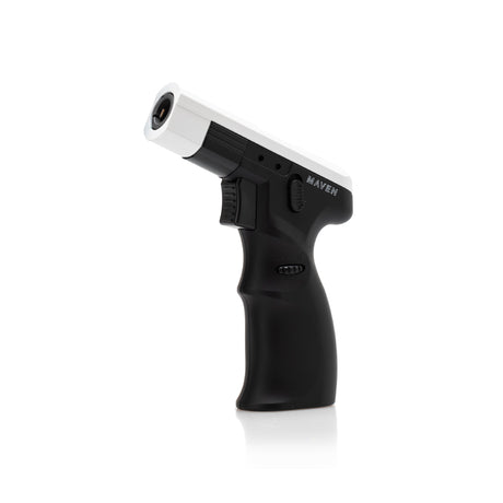 Maven Torch Model K Handheld Torch in White/Black, Side View, Windproof with Adjustable Flame