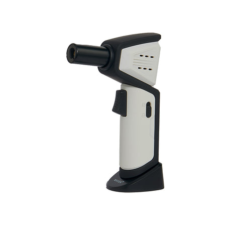 Maven Torch Nova Windproof Jet Flame Lighter in White - Side View on Stand, Adjustable & Refillable