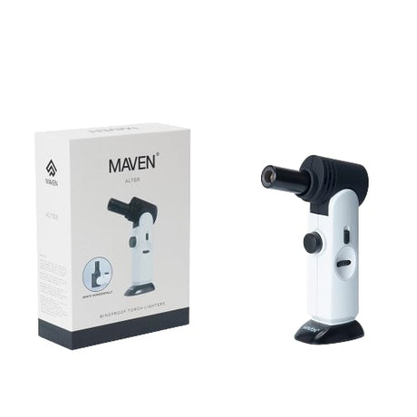 Maven Torch Alter in White - Adjustable Head & Windproof Jet Flame, Side View with Box