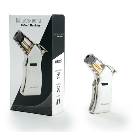 Maven Torch Perfect Machine in white with single jet flame, displayed next to its packaging