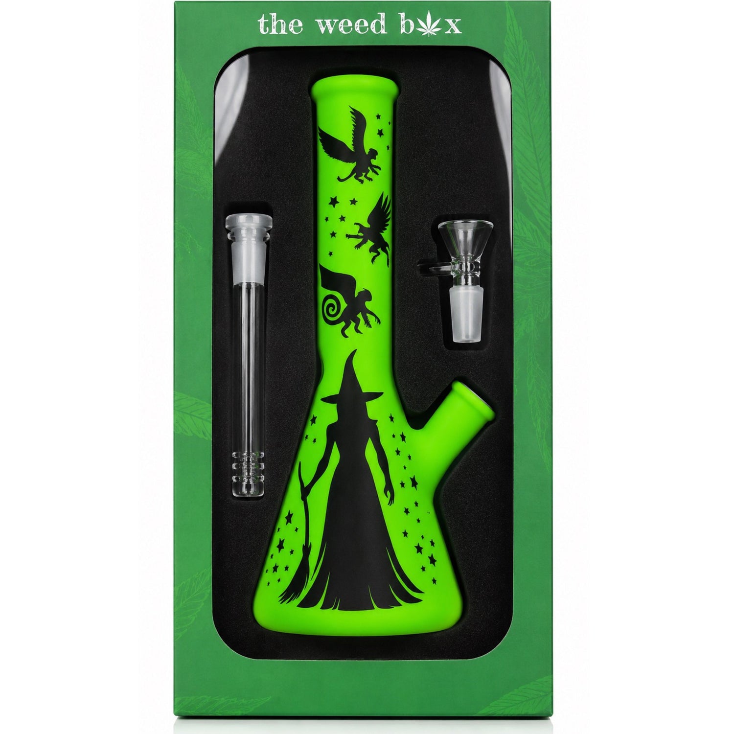 The Weed Box 10 inch Oz beaker bong in branded green packaging, bright green glass with witch and flying monkey art