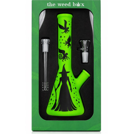 The Weed Box 10 inch Oz beaker bong in branded green packaging, bright green glass with witch and flying monkey art