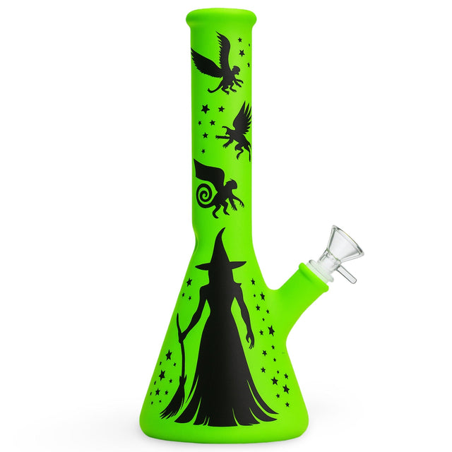 The Weed Box 10 inch Oz beaker bong in bright matte green with black witch and flying monkey silhouette