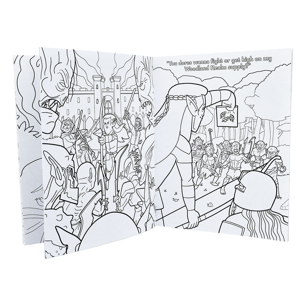 Wood Rocket Lord of the Smoke Rings Coloring Book open to a fantasy battle scene, perfect for stoner-dad