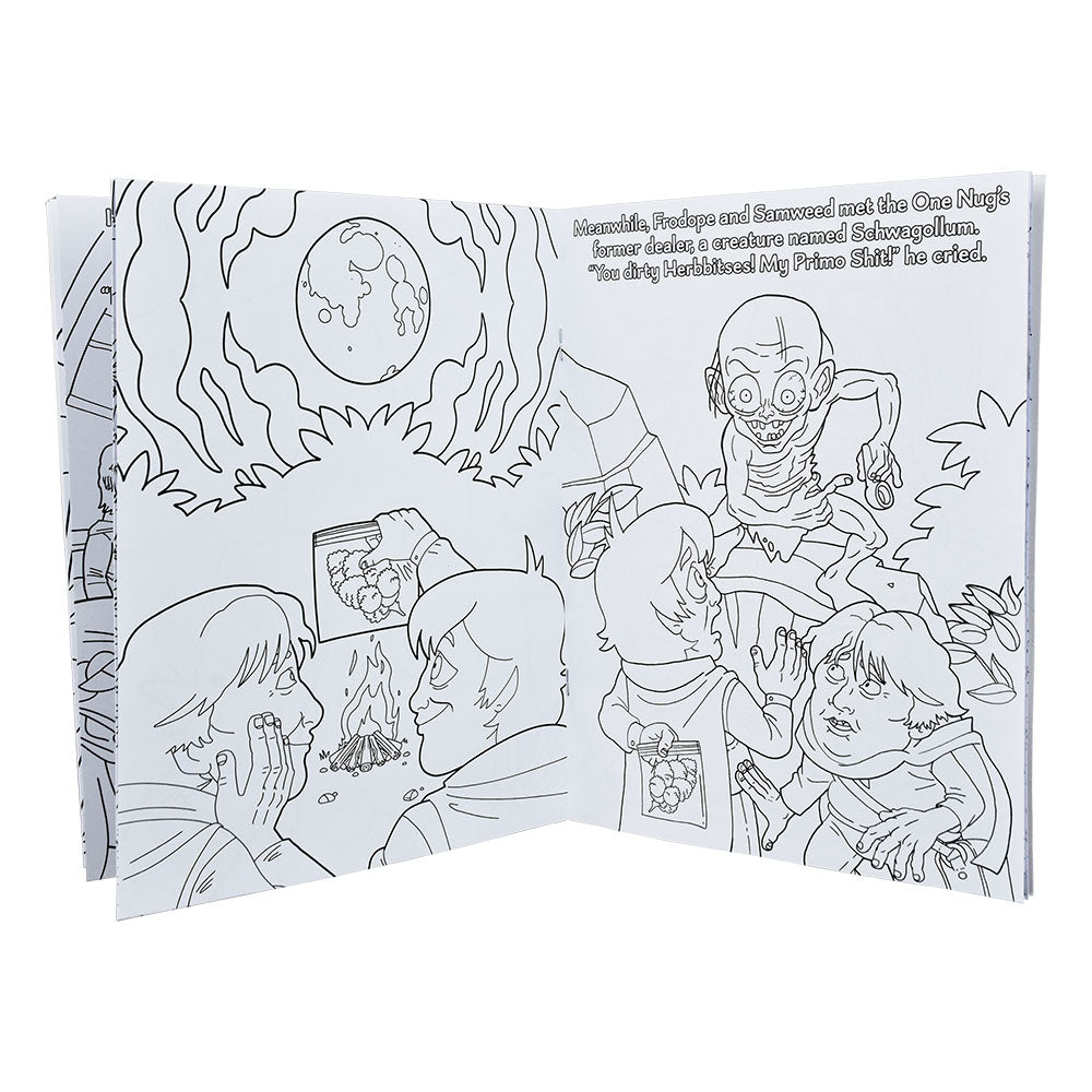 Wood Rocket Lord of the Smoke Rings Coloring Book open to a fantasy-themed page, 8.5" x 11" size