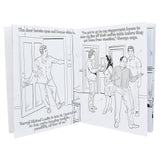 Wood Rocket Sexfeld Adult Coloring Book open to a humorous scene, 8.5" x 11" size