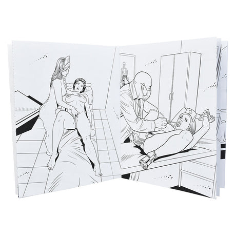 Wood Rocket XXX Nurses Coloring Book open to adult illustrations, 8.5" x 11", perfect for stoner-dad gift