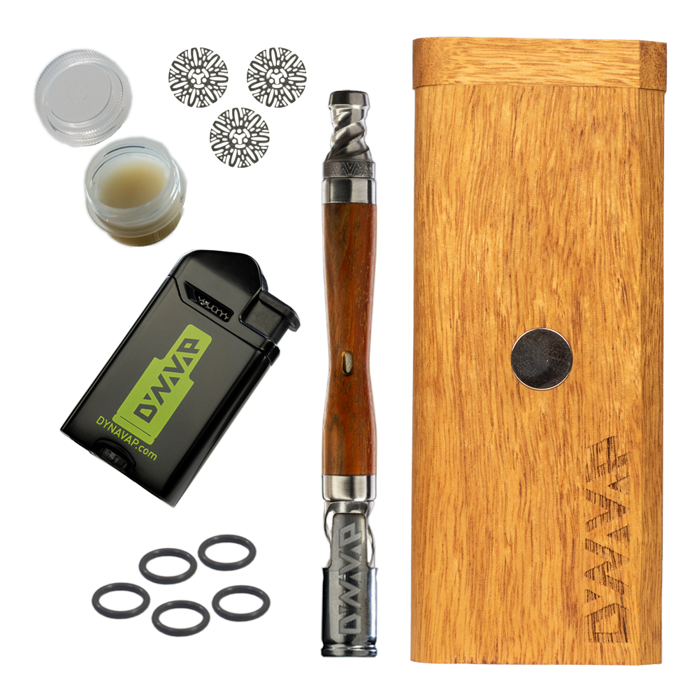 DynaVap WoodWynd Starter Pack with vaporizer, wooden case, and accessories top view