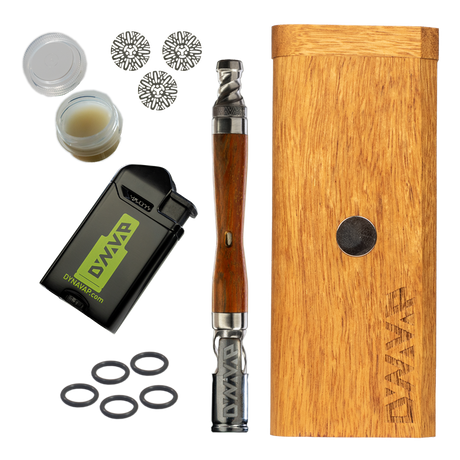 DynaVap WoodWynd Starter Pack with vaporizer, wooden case, and accessories top view