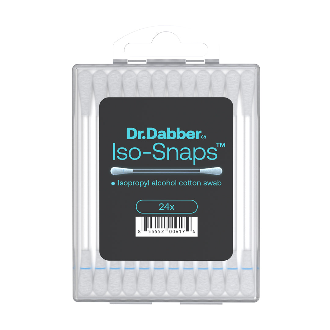 Dr. Dabber Iso-Snaps pack of 24 easy-clean alcohol swabs in clear packaging, front view