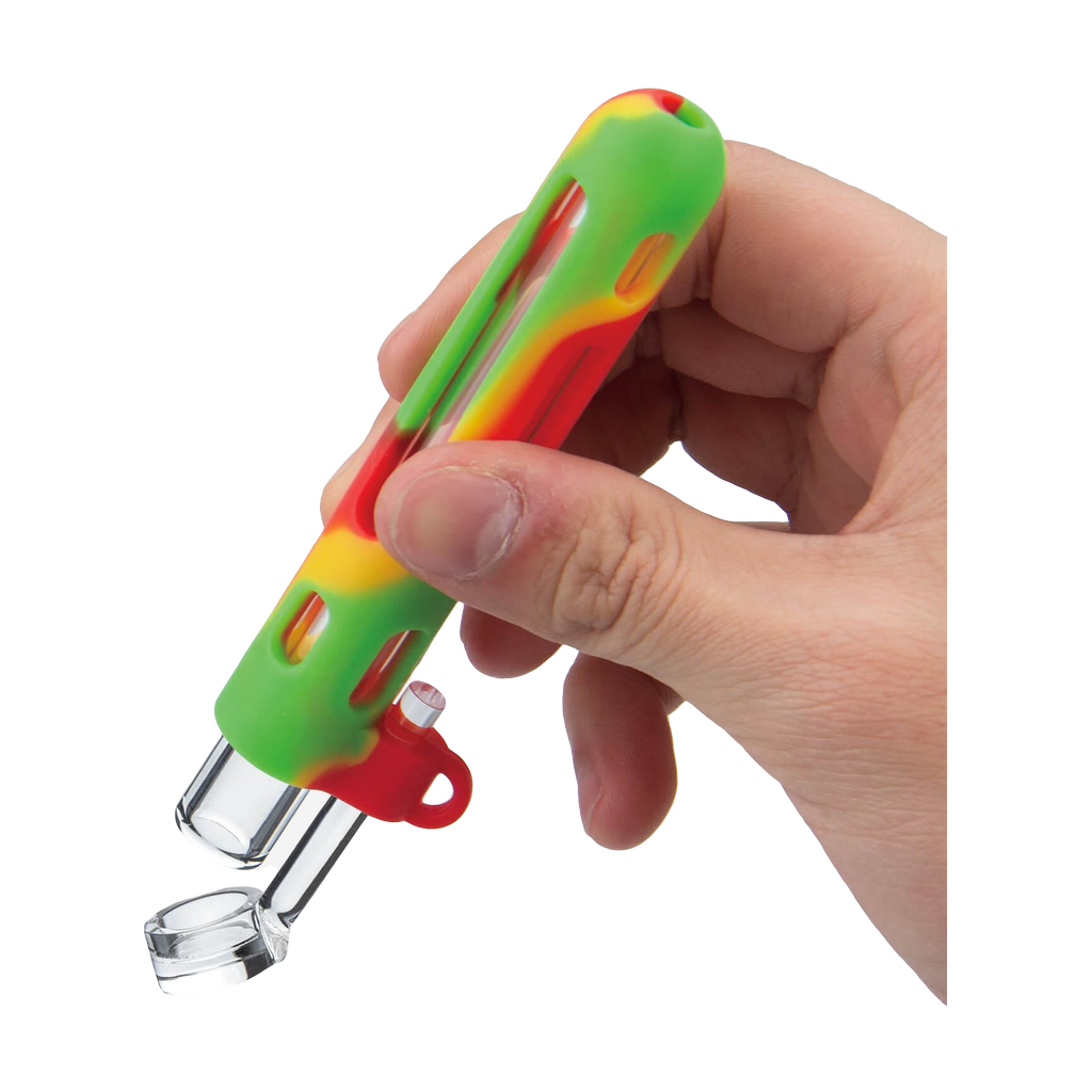 Hand holding PILOT DIARY 2 IN 1 Concentrate Taster Pipe with colorful design, side view