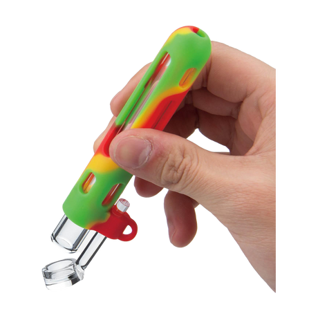 Hand holding PILOT DIARY 2 IN 1 Concentrate Taster Pipe with colorful design, side view