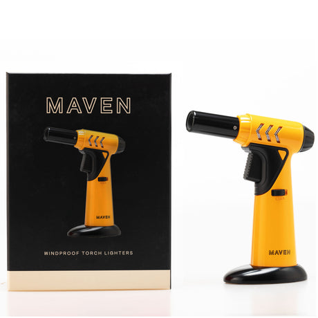 Yellow Maven Torch Tornado with Windproof Jet Flame, Safety Lock, and Adjustable Flame, front and side view