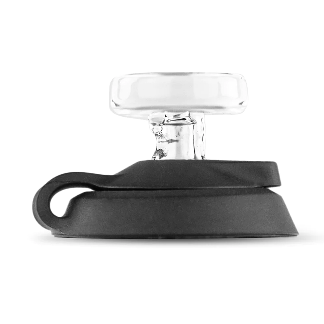 Puffco Proxy Carb Cap in Black, Borosilicate Glass, Front View on Seamless White Background